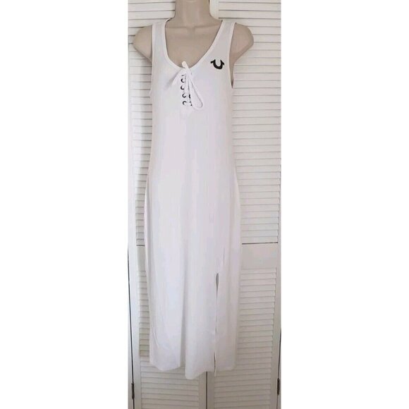 NWT $129 TRUE RELIGION WHITE LACE UP HS LOGO MIDI DRESS SZ MEDIUM - Picture 2 of 9
